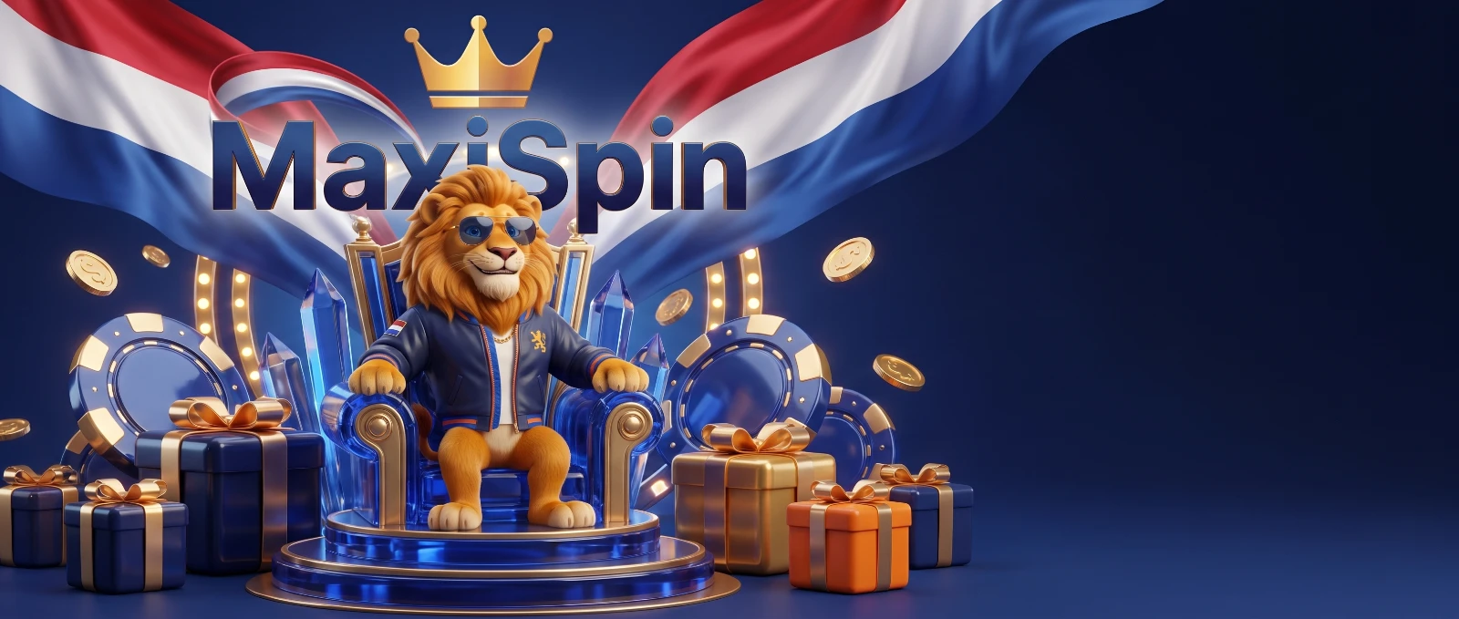 MaxiSpin Casino Nederland bonus met een leeuw en Nederlandse vlaggen